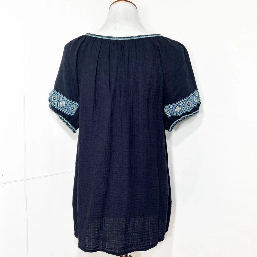 J. Crew Embroidered Tie Neck Navy Blue Short Sleeve Peasant Blouse